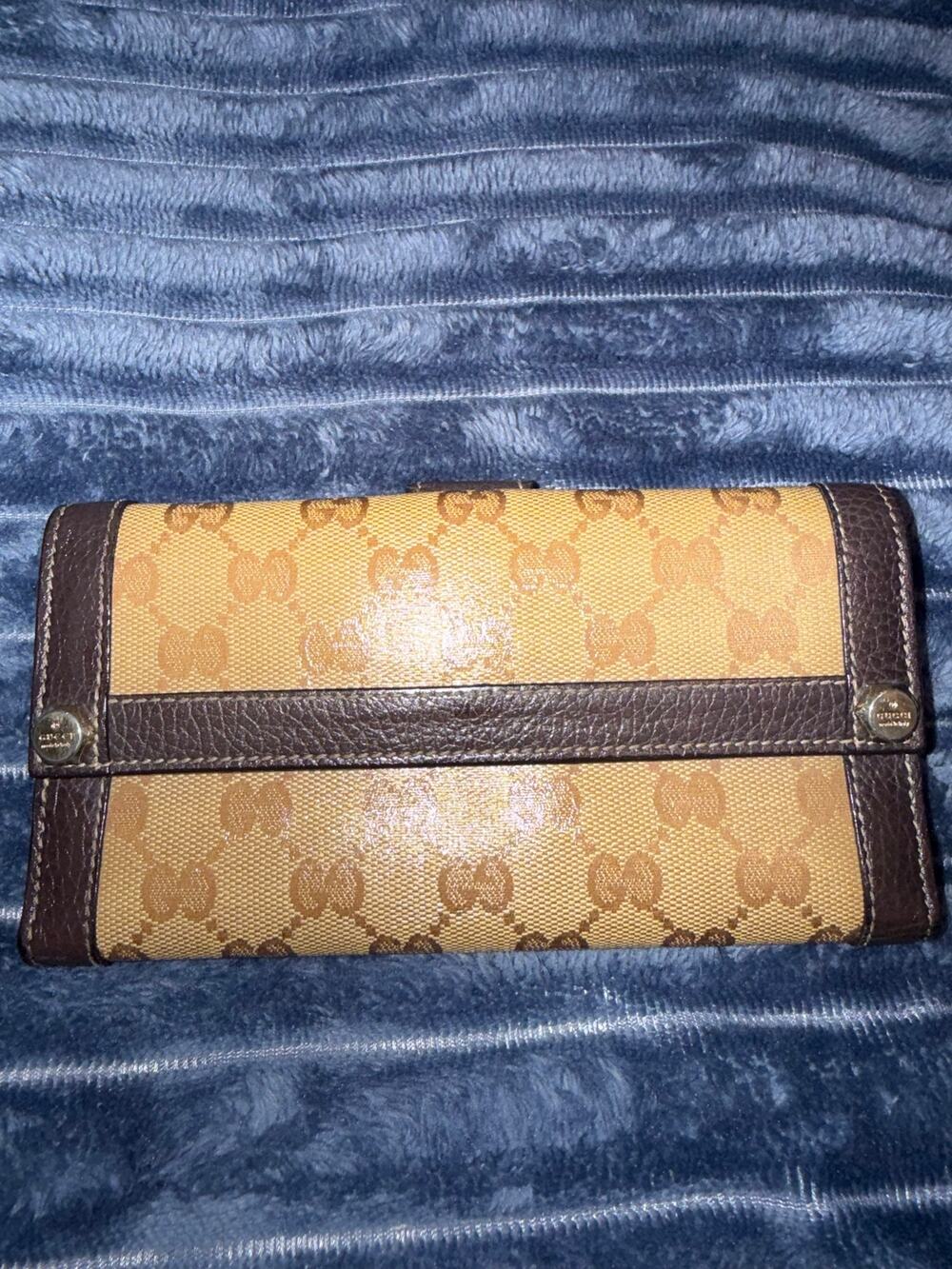 Gucci Beige GG Monogram Canvas Dark Brown Leather Metal Bar Continental Wallet